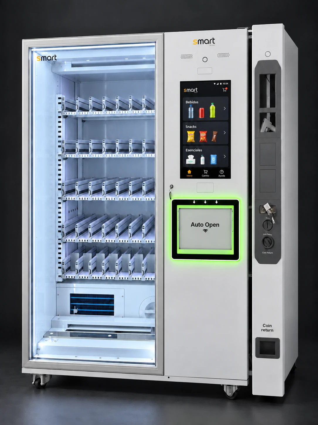 Máquina Smart Vending blanca con pantalla digital y compartimentos para productos
