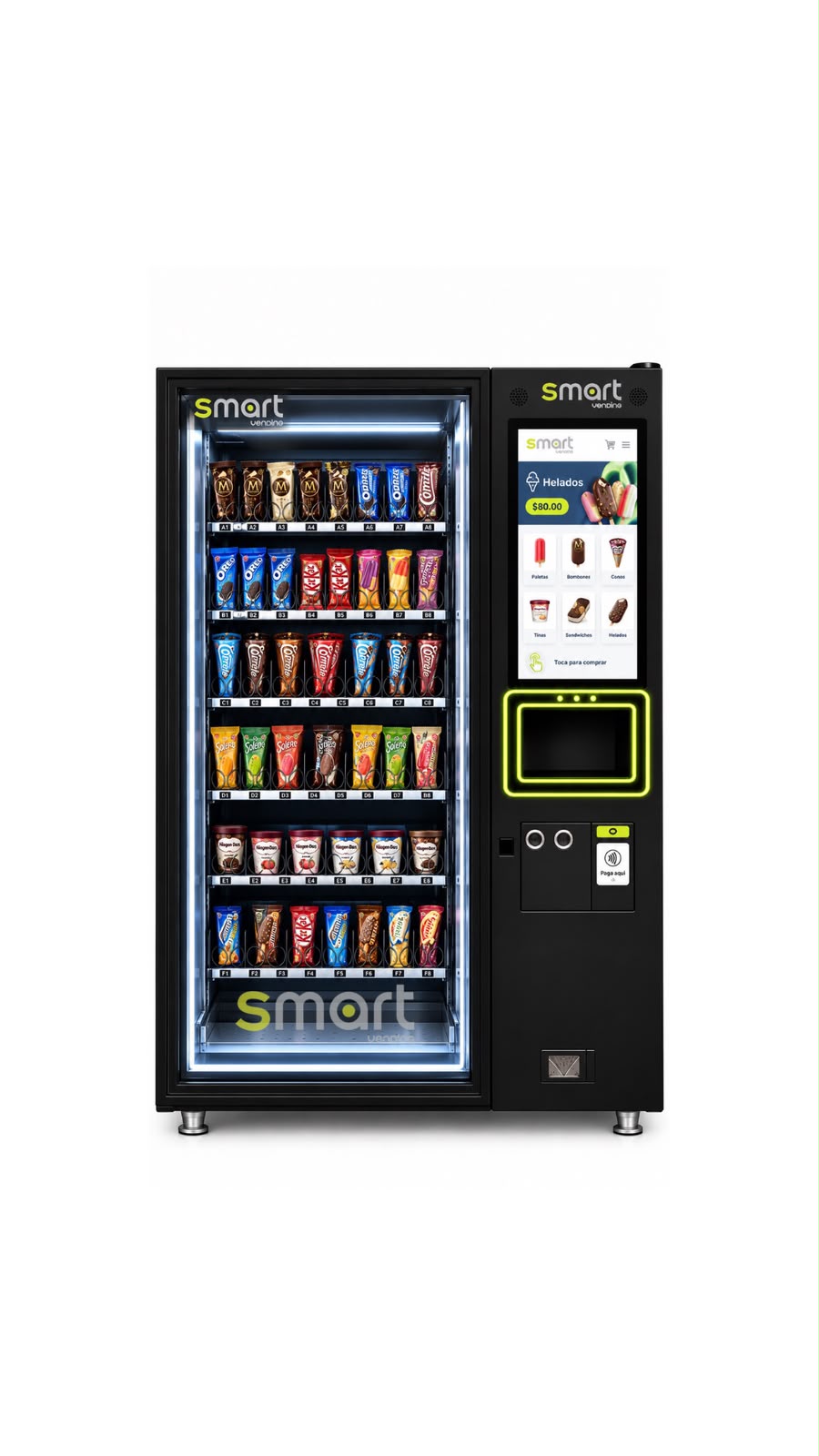 Máquina Smart Vending negra con helados y pantalla táctil